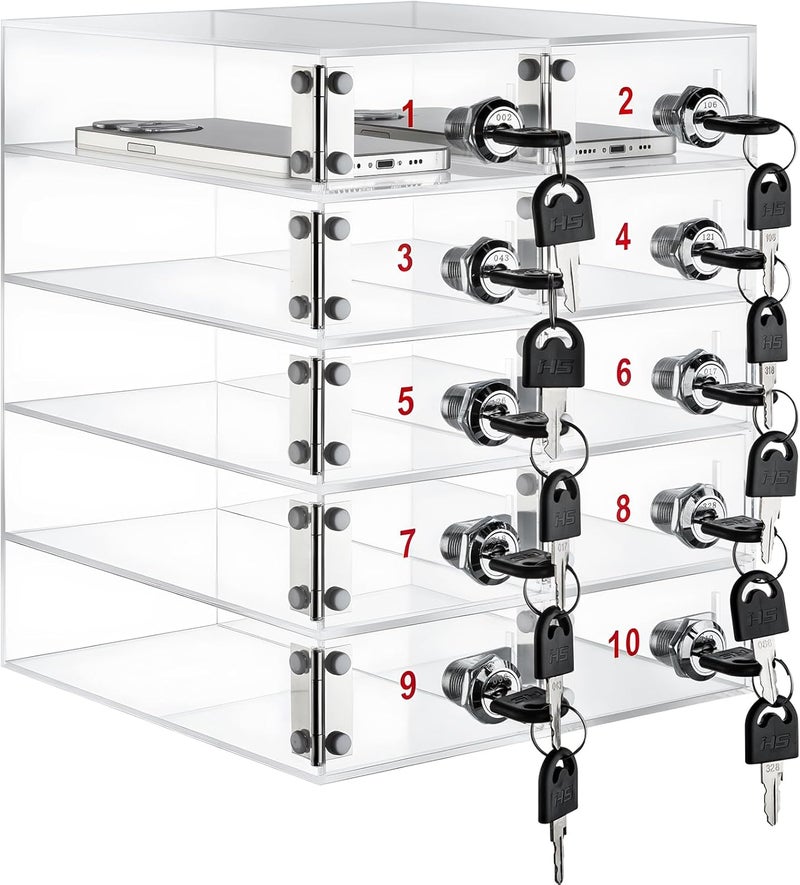 Layhit 10 Slots Cell Phone Locker Box for Classroom Clear Acrylic Cell Phone Storage Cabinet Bin with Door Locks for Classroom School Students Office Factory Employees - Image 1